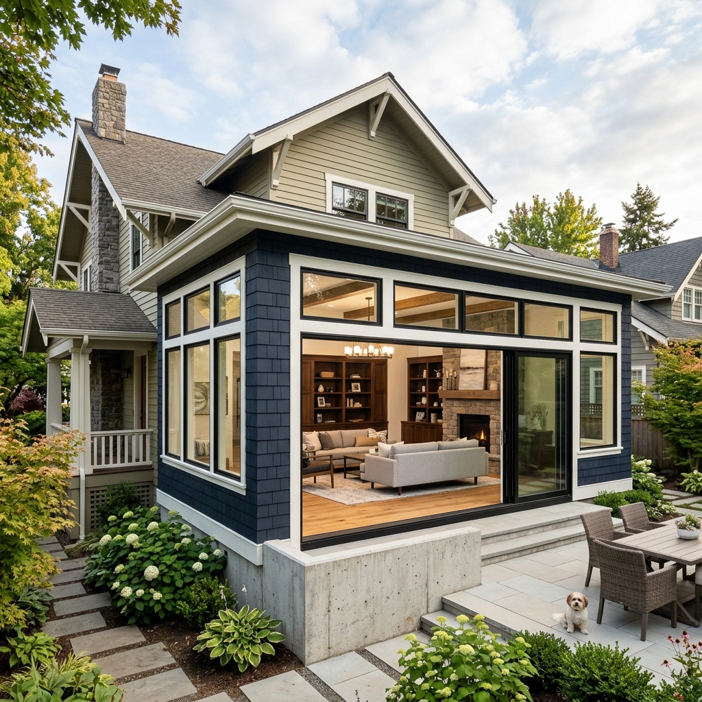 Main-floor bump-out home addition with exterior siding tie-in and large glass windows revealing a sunlit open-concept living area