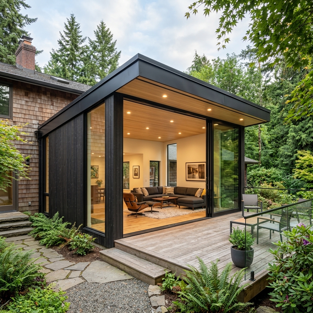 Residential home addition extension showing exterior modern siding and illuminated interior living space through large glass windows