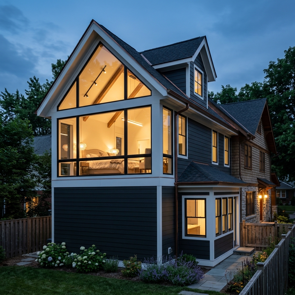Two-story home addition showing second-story master suite expansion with roofline dormers and illuminated upper windows