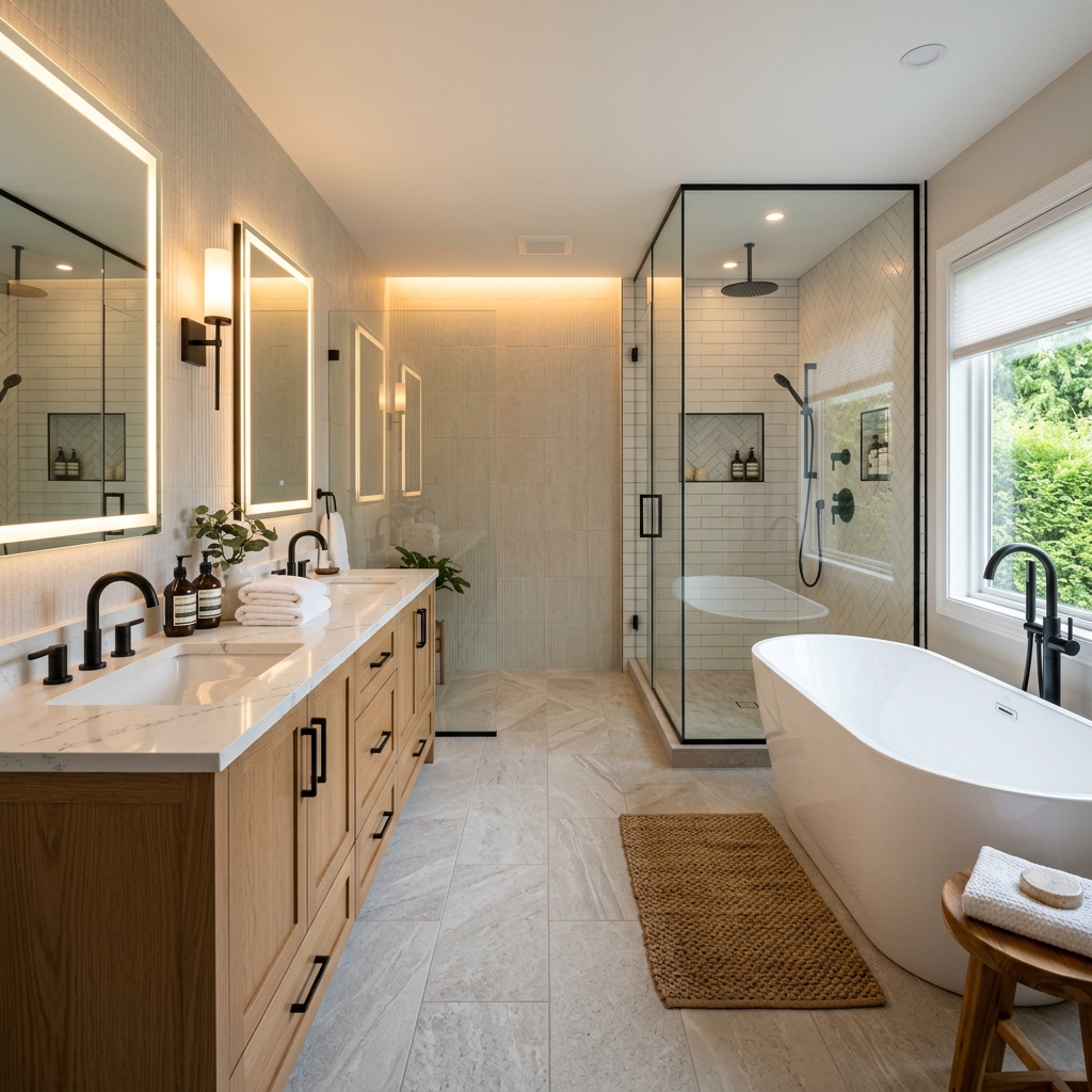 Luxury primary bathroom remodel with custom walk-in curbless tile shower, freestanding tub, and quartz double vanity