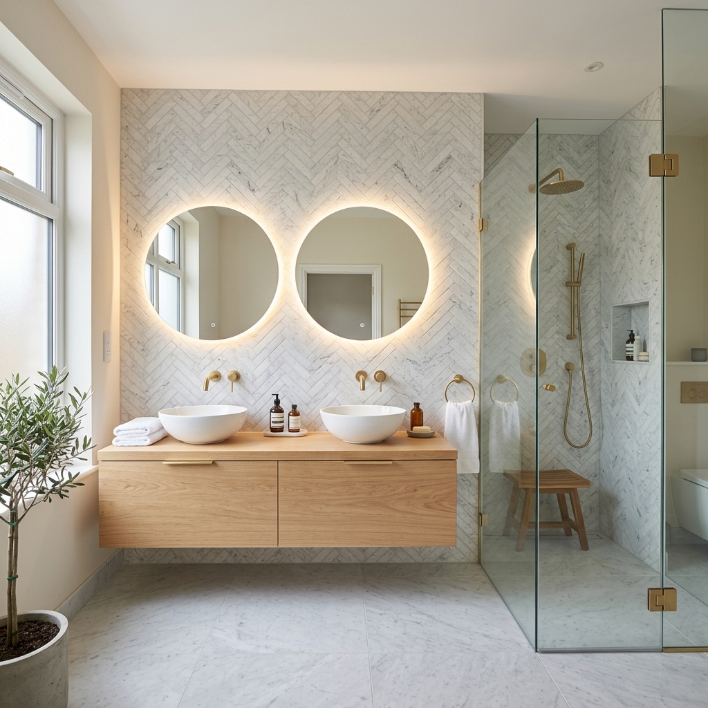 Modern spa bathroom renovation with floating double vanity, herringbone tile accent wall, and LED mirrors