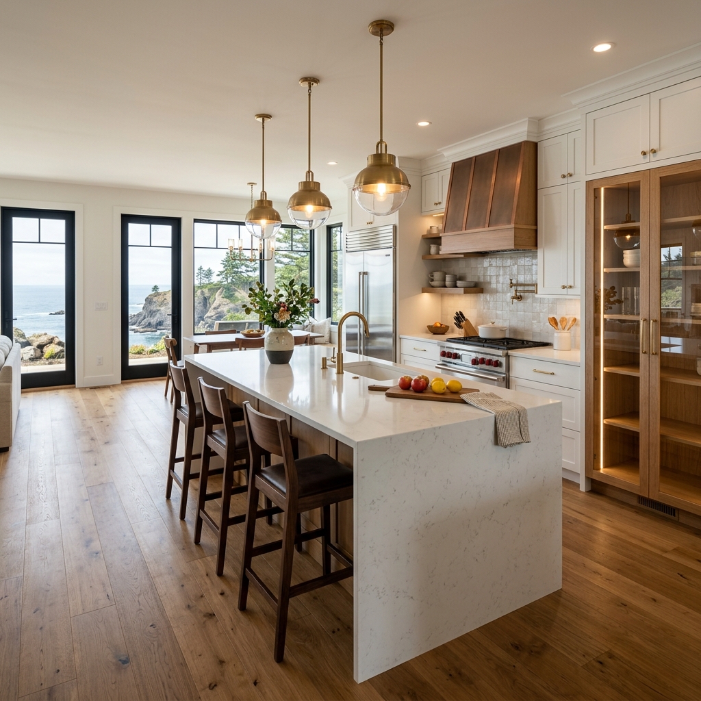 Custom kitchen overhaul with white shaker cabinets, quartz countertops, and built-in pantry