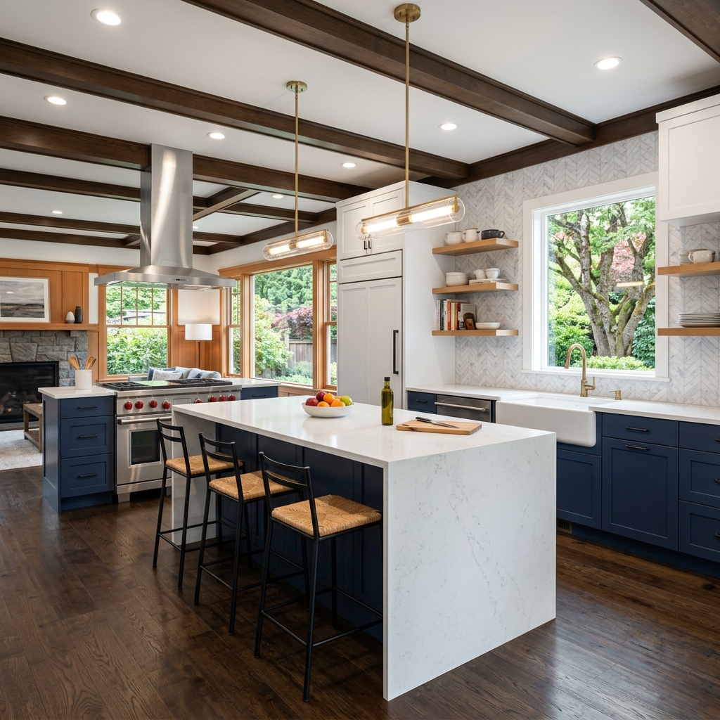 Modern open-concept kitchen remodel with two-tone cabinetry and waterfall quartz island